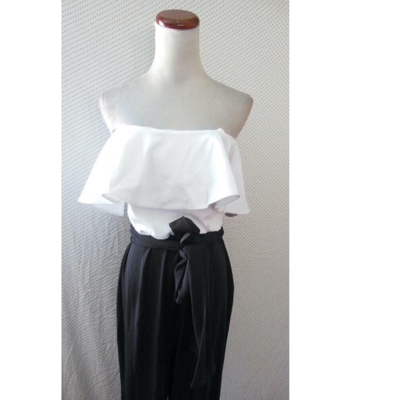 NEW LOVE BY THEIA Black & White STRAPLESS Tie Waist RUFFLE Cocktail JUMPSUIT 12 - Picture 11 of 16